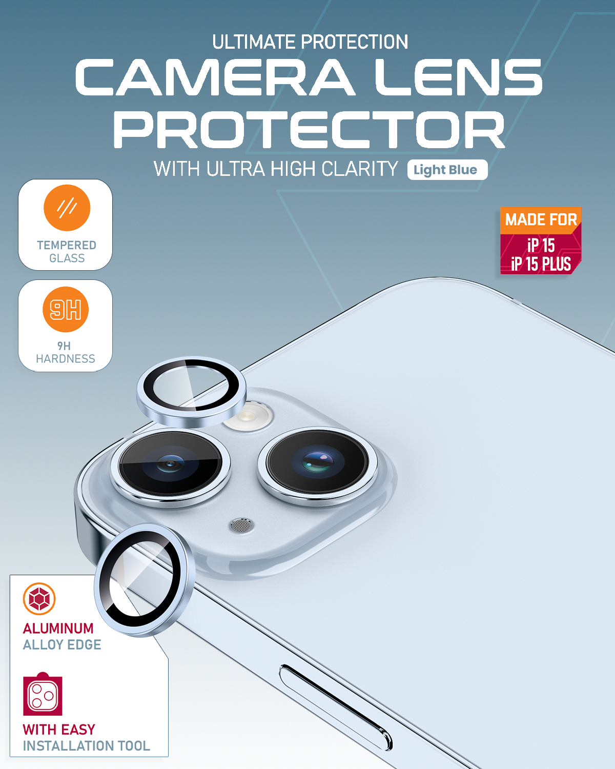 Moxedo Camera Lens Protector Aliminum Alloy with Easy Installation Tool Compatible for iPhone 15 Plus 6.7 /iPhone 15 6.1 (Light Blue)
