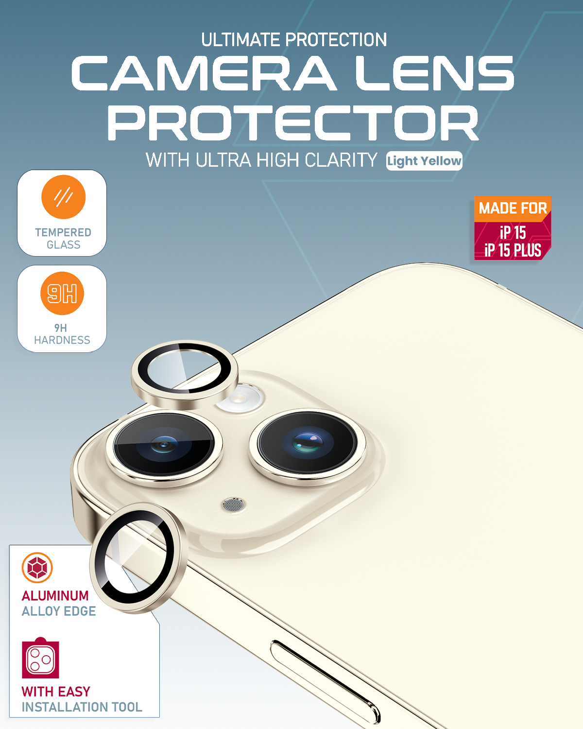 Moxedo Camera Lens Protector Aliminum Alloy with Easy Installation Tool Compatible for iPhone 15 Plus 6.7/ iPhone 15 6.1 (Light Yellow)