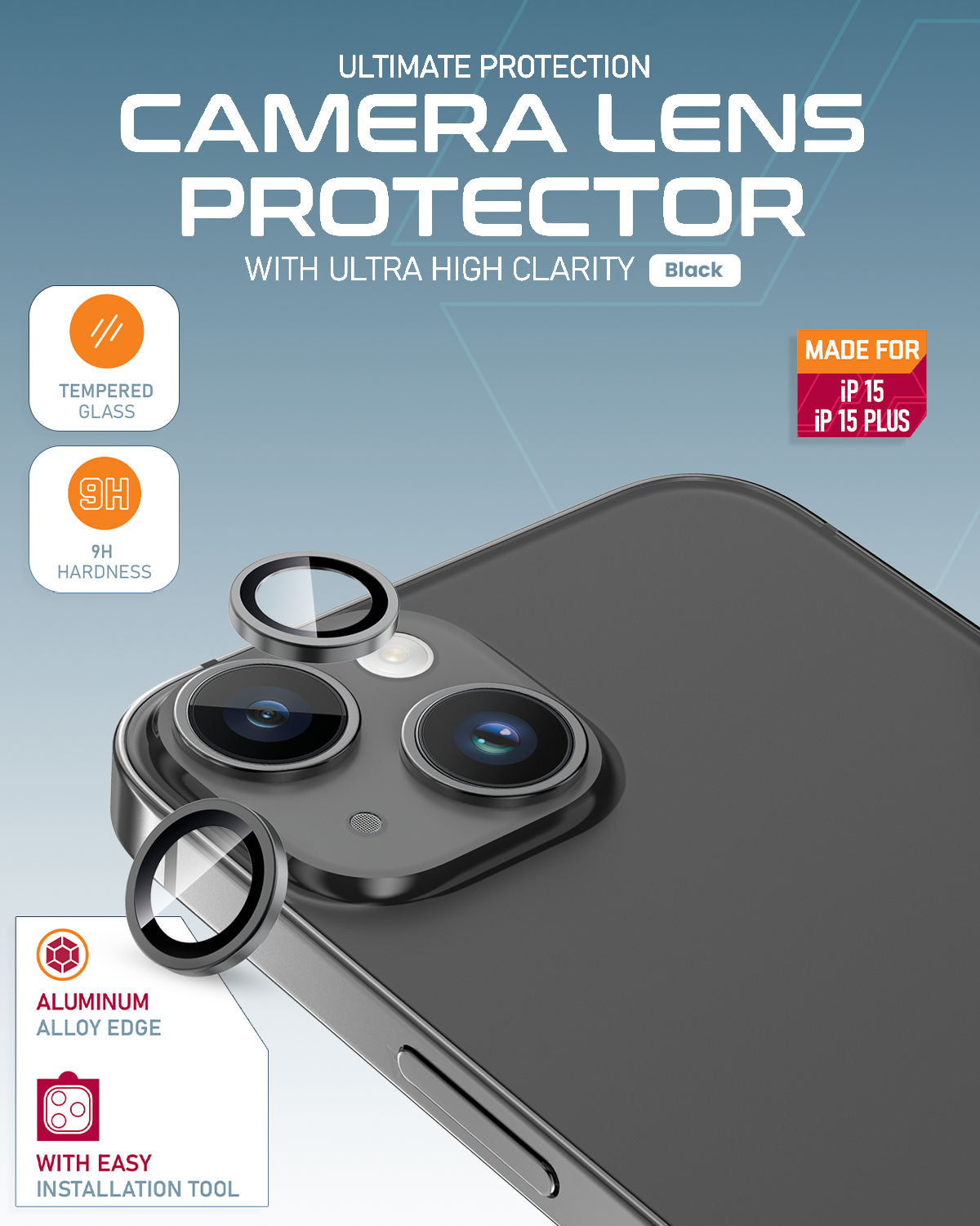 Moxedo Camera Lens Protector Aluminum Alloy with Easy Installation Tool Compatible for iPhone 15 Plus 6.7/ iPhone 15 6.1 (Black)