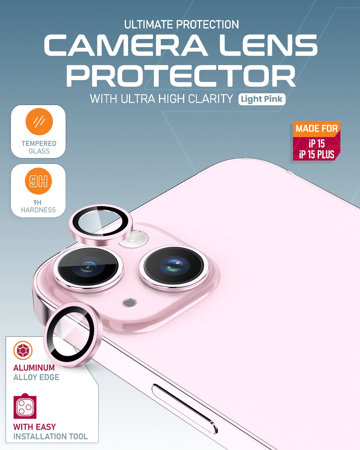 Moxedo Camera Lens Protector Aluminum Alloy with Easy Installation Tool Compatible for iPhone 15 Plus 6.7 /iPhone 15 6.1 (Light Pink)