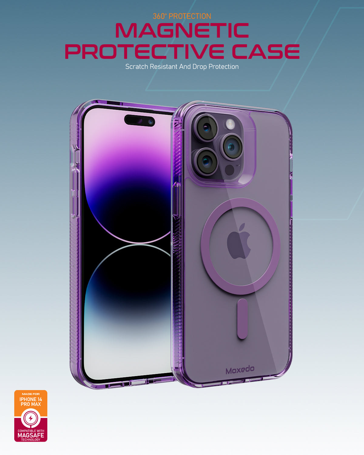 Moxedo Magnetic Protective Case 360 Protection Clear Case Hard PC with Built-in Strong Magnets Compatible with Magnetic Safe Designed for iPhone 14 Pro Max 6.7 inch (Purple)