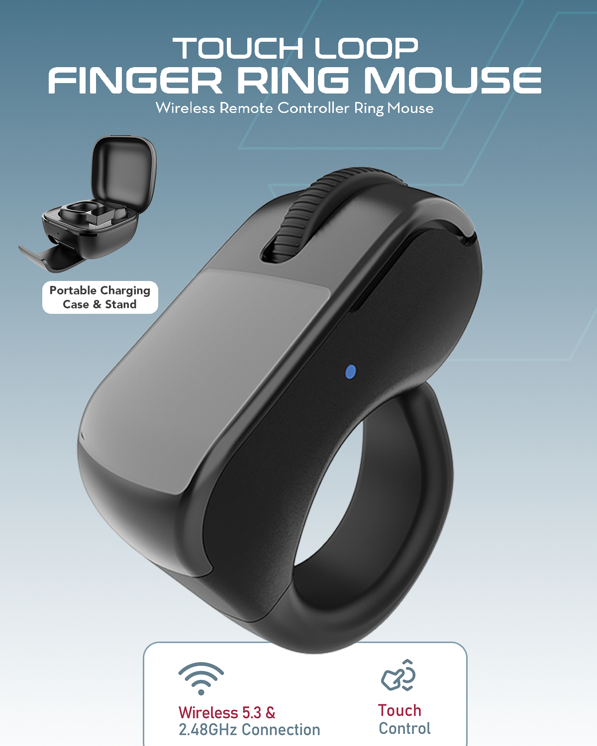 Moxedo Bluetooth 5.3 Finger Ring Mouse for PC, Laptop, Tablet, Mobile Wireless Wearable Presenter with Touchpad, Scroll & Page Turner Remote Controller Ring with Charging Case & Stand