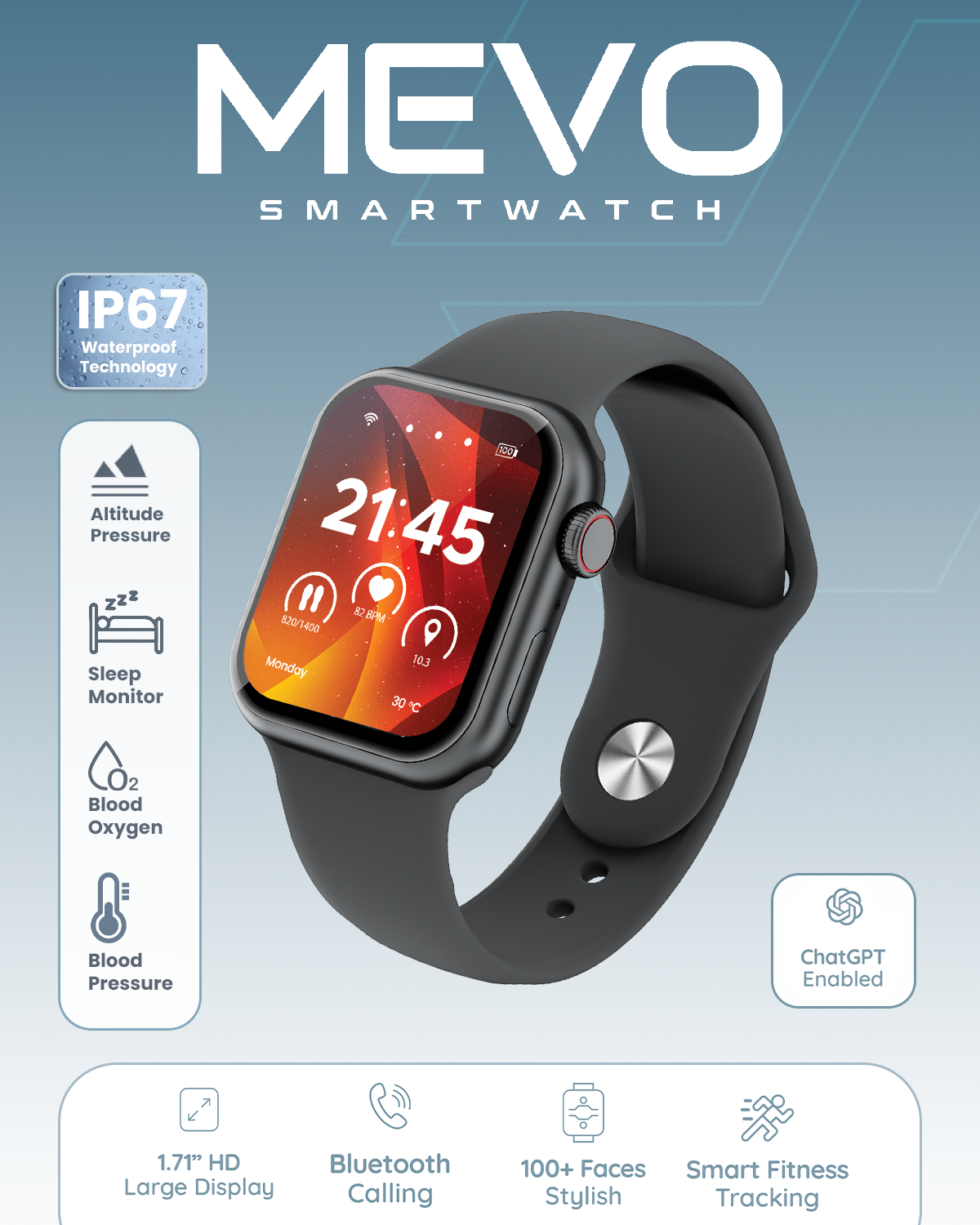 Moxedo Mevo Smart Watch for Android & iOS with 1.71" HD AMOLED Display, Wireless Charging, Chat GPT AI Assistant, Bluetooth Calling, Fitness & Health Tracker, Sleep Monitor, IP67 Waterproof (Black)