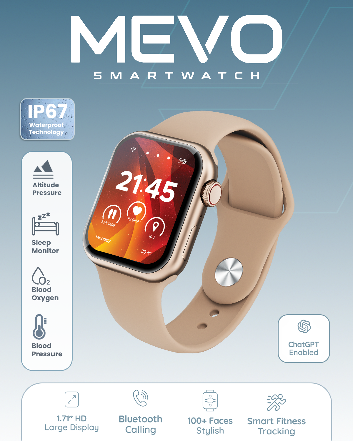 Moxedo Mevo Smart Watch for Android & iOS with 1.71" HD AMOLED Display, Wireless Charging, Chat GPT AI Assistant, Bluetooth Calling, Fitness & Health Tracker, Sleep Monitor, IP67 Waterproof (Gold)