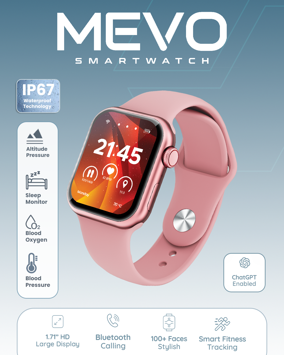 Moxedo Mevo Smart Watch for Android & iOS with 1.71" HD AMOLED Display, Wireless Charging, Chat GPT AI Assistant, Bluetooth Calling, Fitness & Health Tracker, Sleep Monitor, IP67 Waterproof (Rose Gold)