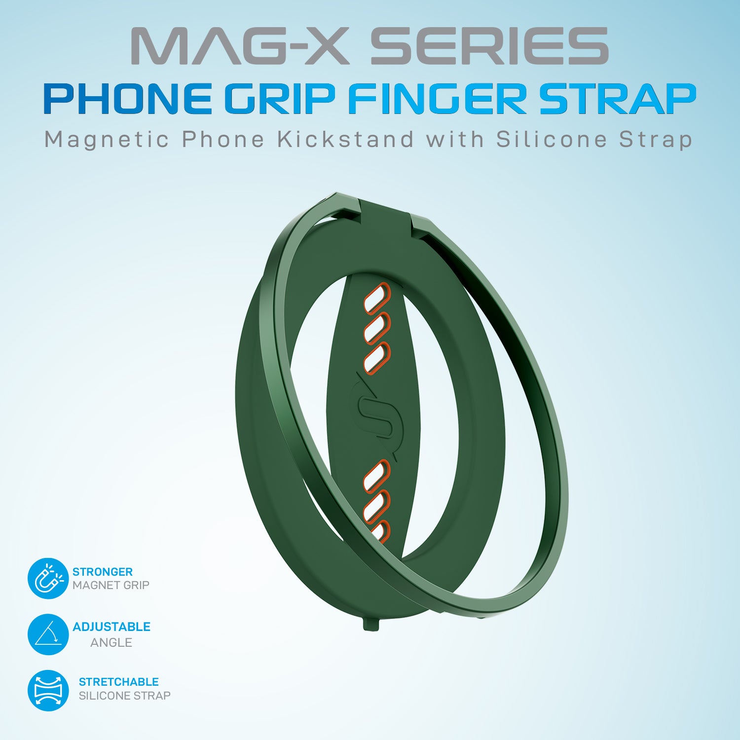 Remson Mag-X Phone Grip Finger Strap Magnetic Phone Kickstand with Silicone Strap Compatible for iPhone 14, 13 Pro/Max/Plus - Green/Orange