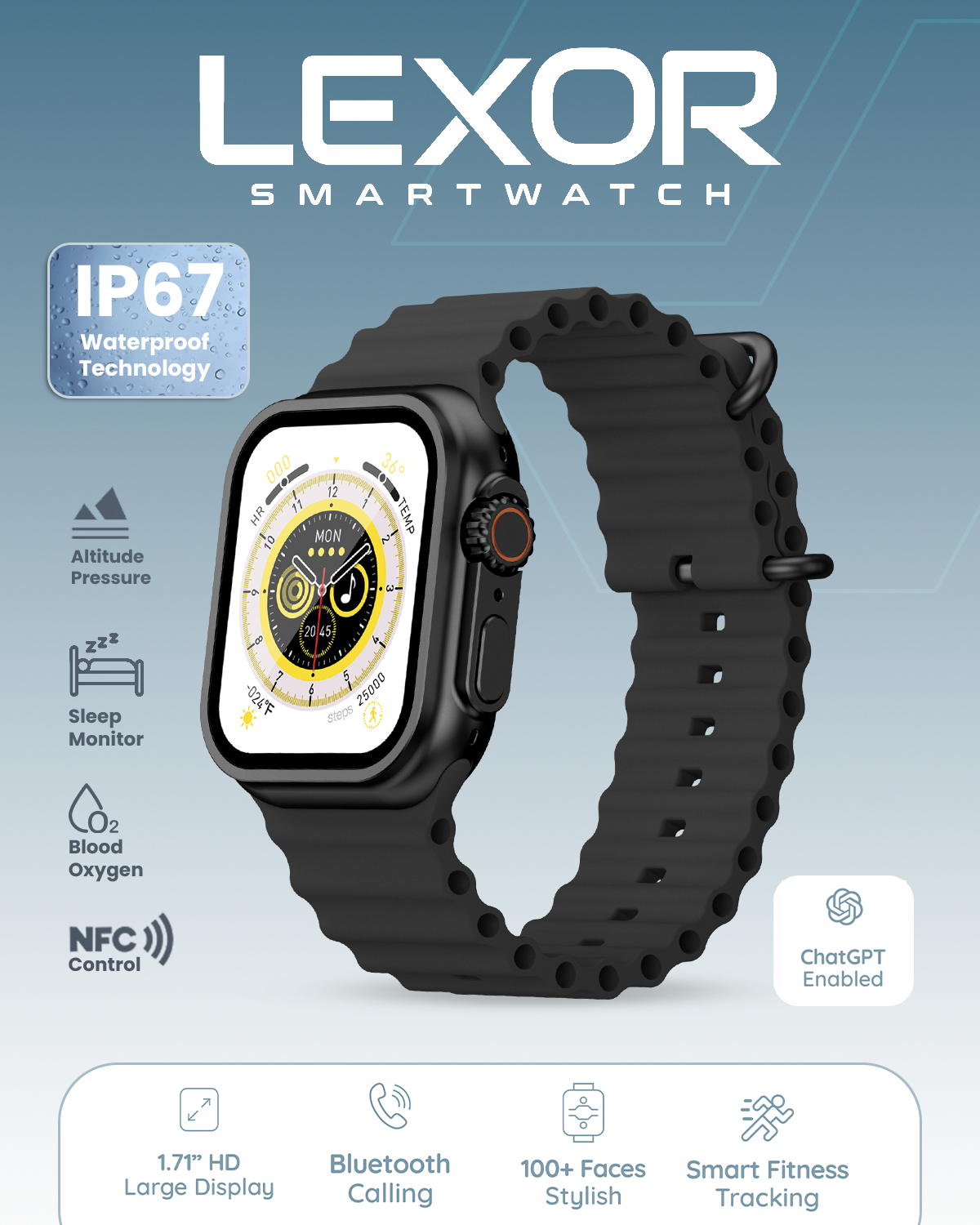 Moxedo Lexor Smart Watch for Android & iOS with 1.71" Super HD AMOLED Display Wireless Charging, Bluetooth Calling, Chat GPT, 100+ Sports Modes, Fitness & Health Tracker, IP67 Waterproof (Black)
