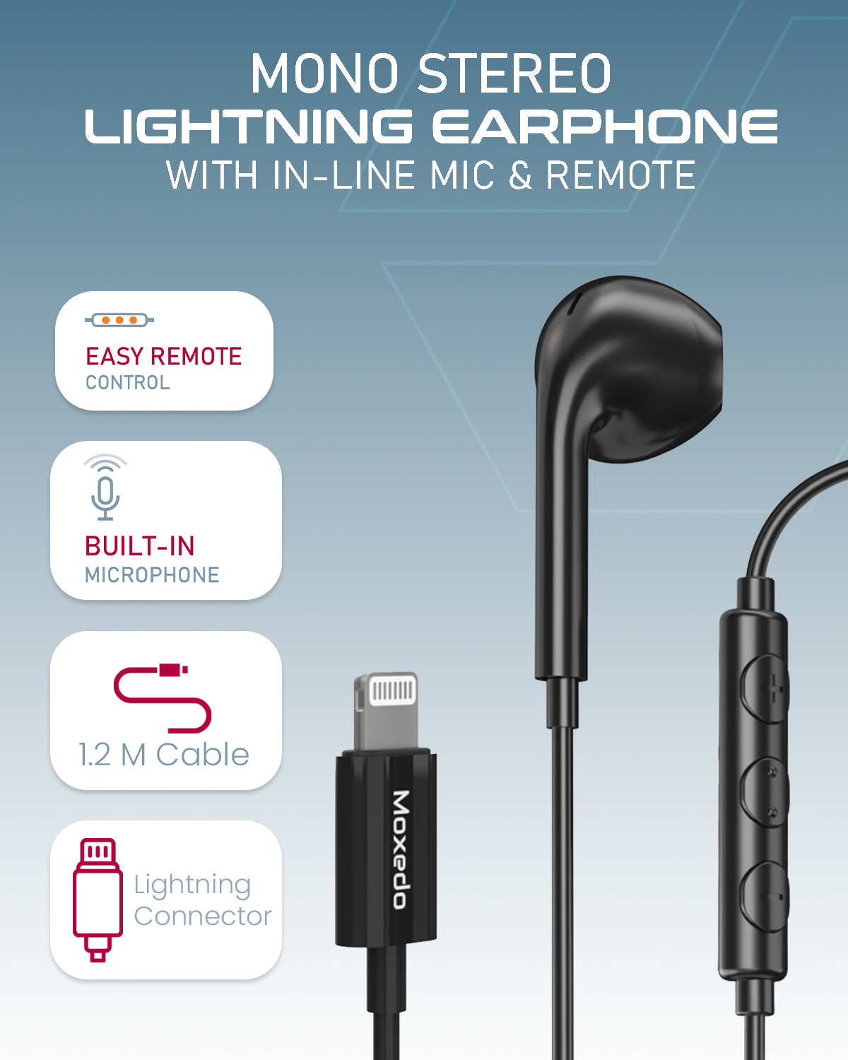Moxedo Mono Stereo Earphone Lightning Connector Earphone In-Line Remote, Built-in Microphone Compatible for iPhone 14/13/12/11 Pro Max/X/XS Max/XR (Black)