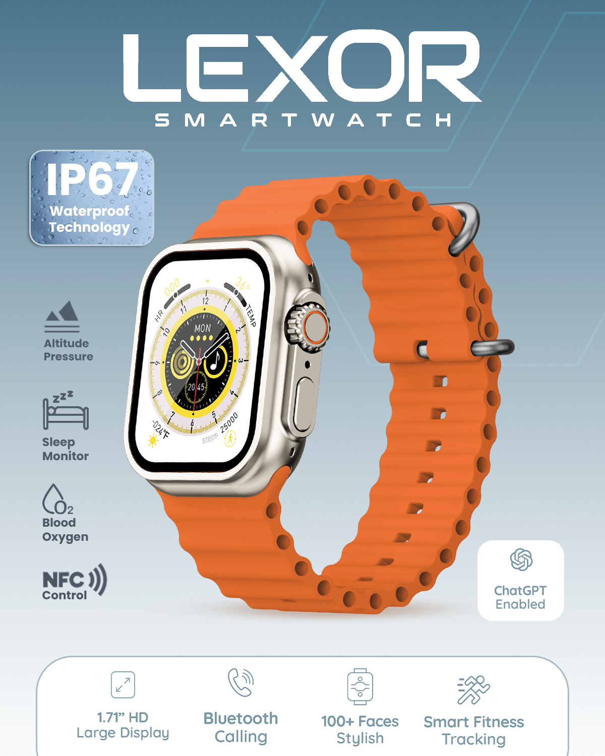 Moxedo Lexor Smart Watch for Android & iOS with 1.71" Super HD AMOLED Display Wireless Charging, Bluetooth Calling, Chat GPT, 100+ Sports Modes, Fitness & Health Tracker, IP67 Waterproof (Orange)