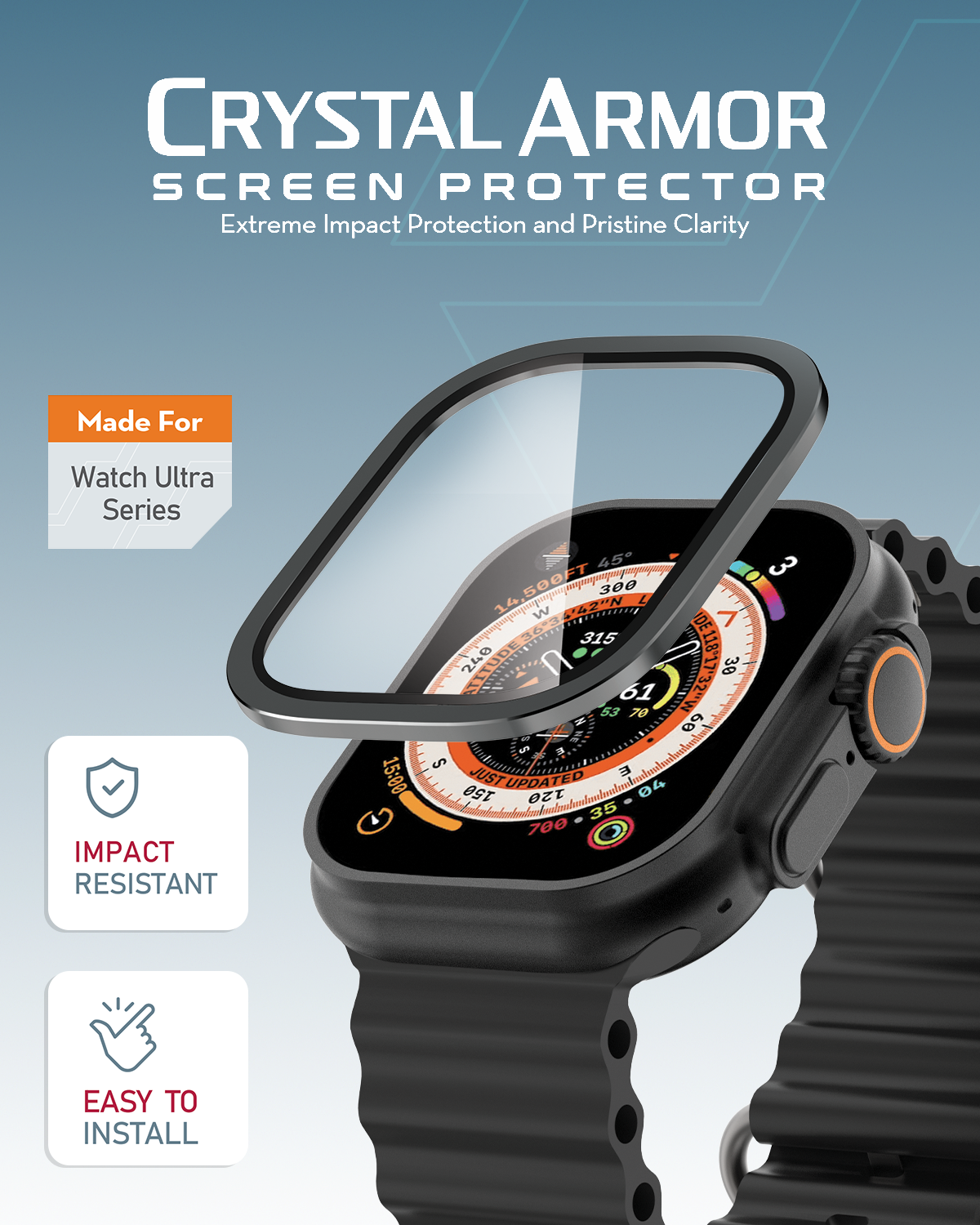 Moxedo Crystal Armor Screen Protector with Aluminium Alloy Bumper Frame, Keep Original Designed for Apple Watch Ultra Series 2024/2023/2022 49mm - Black