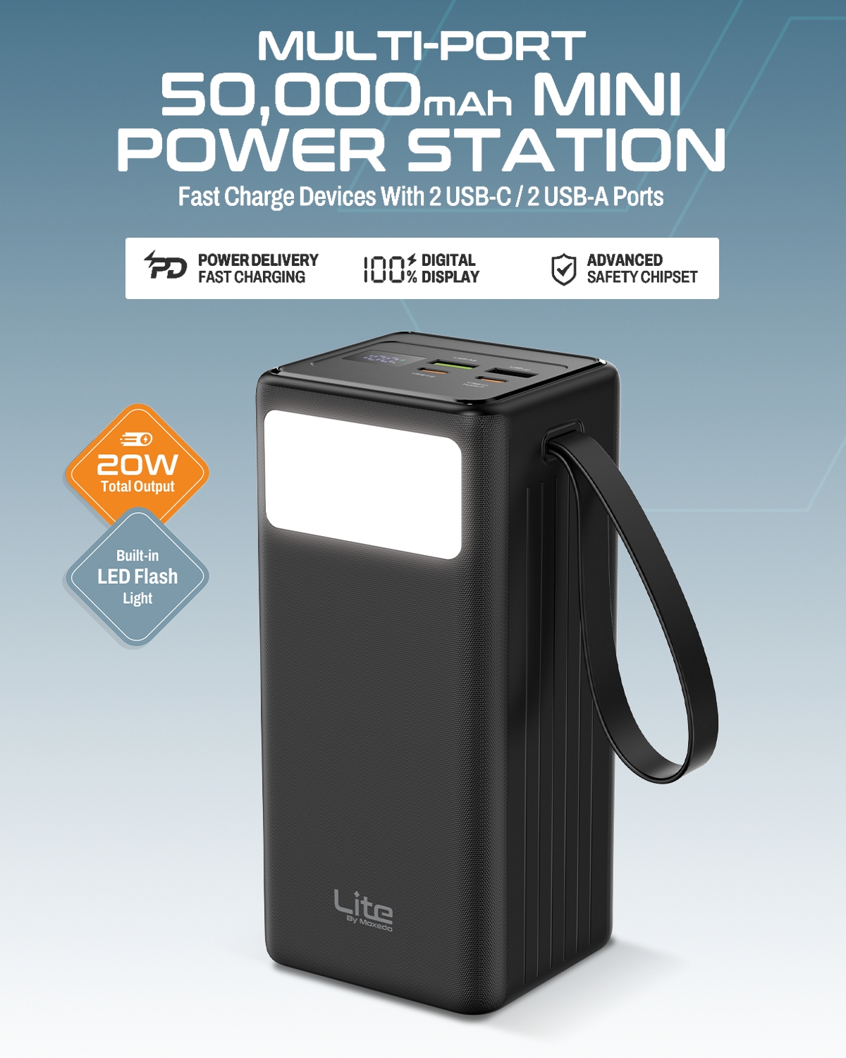 Moxedo Lite Multi-Port 50,000 mAh PD 20W Mini Power Station Fast Charging 2 USB-C / 2 USB-A Ports Portable with Built-in LED Flash Light and Lanyard