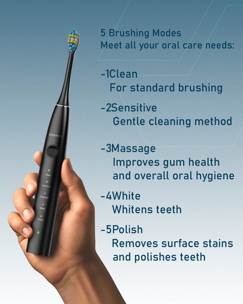 Moxedo Oravibe Pro Electric Portable Rechargeable Toothbrush IPX7 Waterproof, 2 Mins 5 Brushing Modes, 39600VPM with 4 Brush Head & Charging Stand