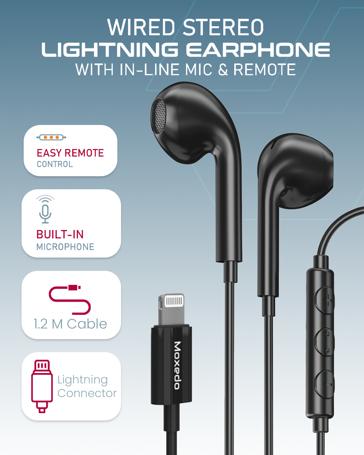 Moxedo Wired Stereo Lightning Earphone with In-Line Remote, Built-in Microphone Compatible for iPhone 14/13/12/11 Pro Max/X/XS Max/XR (Black)