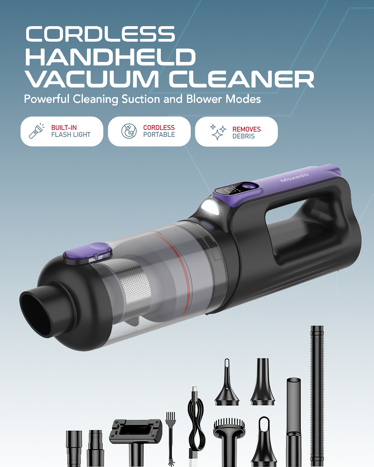 Moxedo Cordless Handheld Vacuum Cleaner 100W Powerful Motor 110,000 RPM Brushless Motor 14,500 PA Strong Suction with LED Light for Home and Car Cleaning
