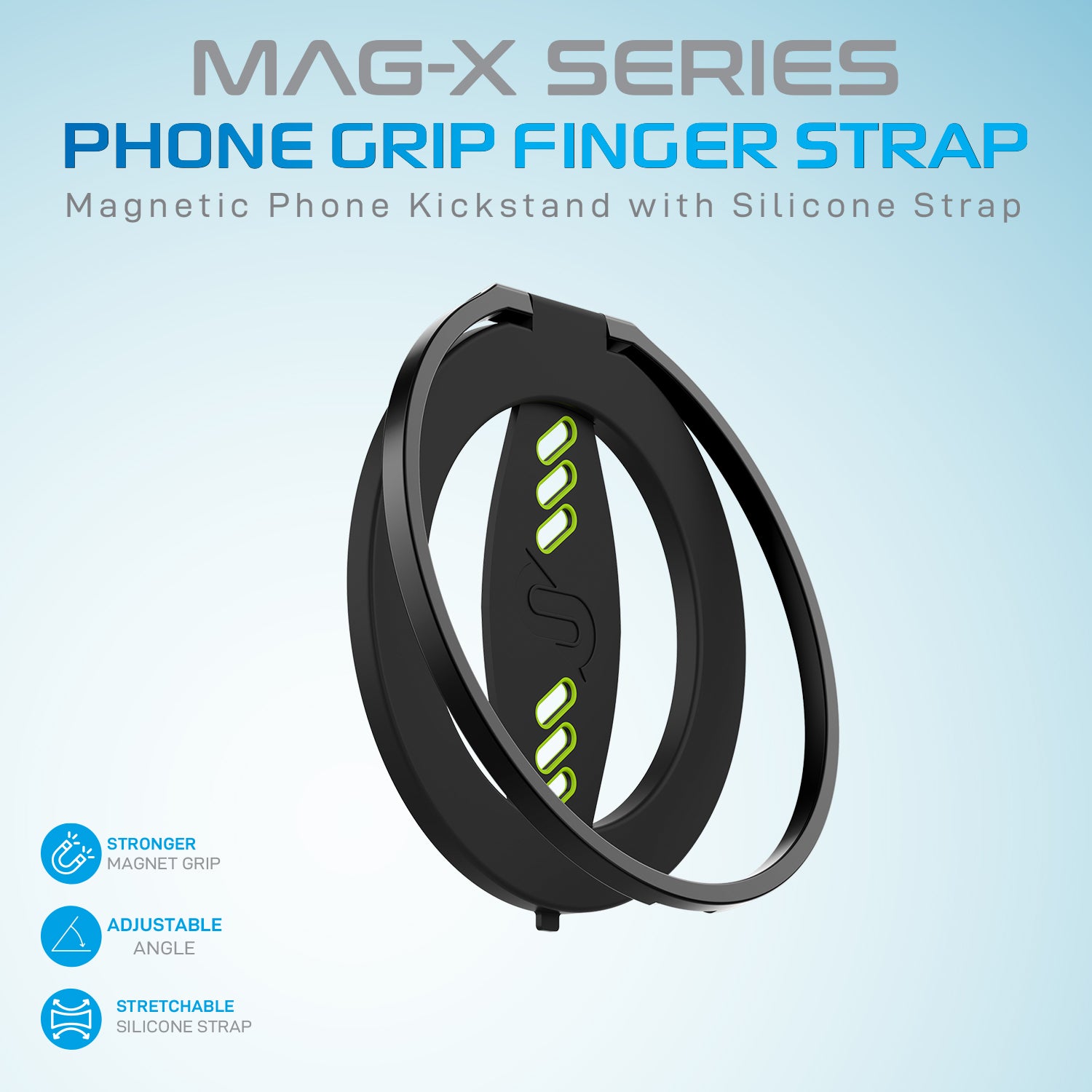 Remson Mag-X Phone Grip Finger Strap Magnetic Phone Kickstand with Silicone Strap Compatible for iPhone 14, 13 Pro/Max/Plus - Black/Neon Green