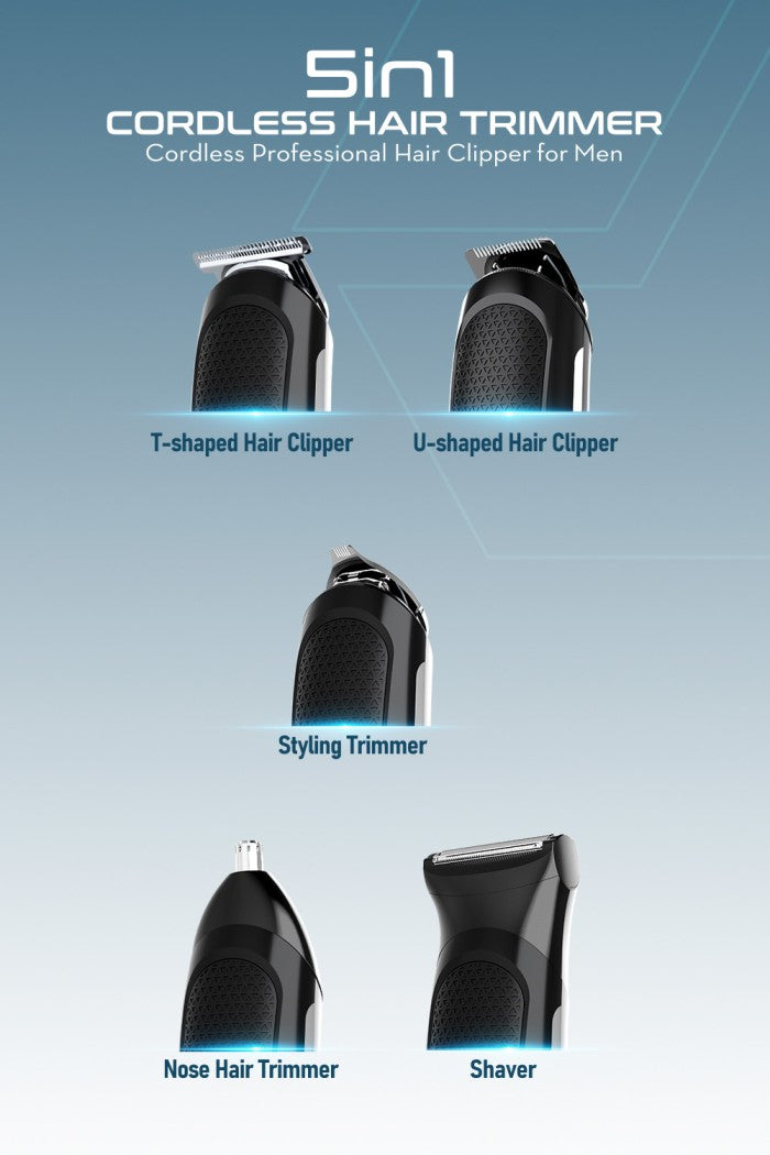 Moxedo 5 in 1 Cordless Hair Trimmer Professional Hair Clipper for Men IPX6 Waterproof Stainless-Steel T-Blade 120 Mins Working Time 5 Adjustable Guards for Men