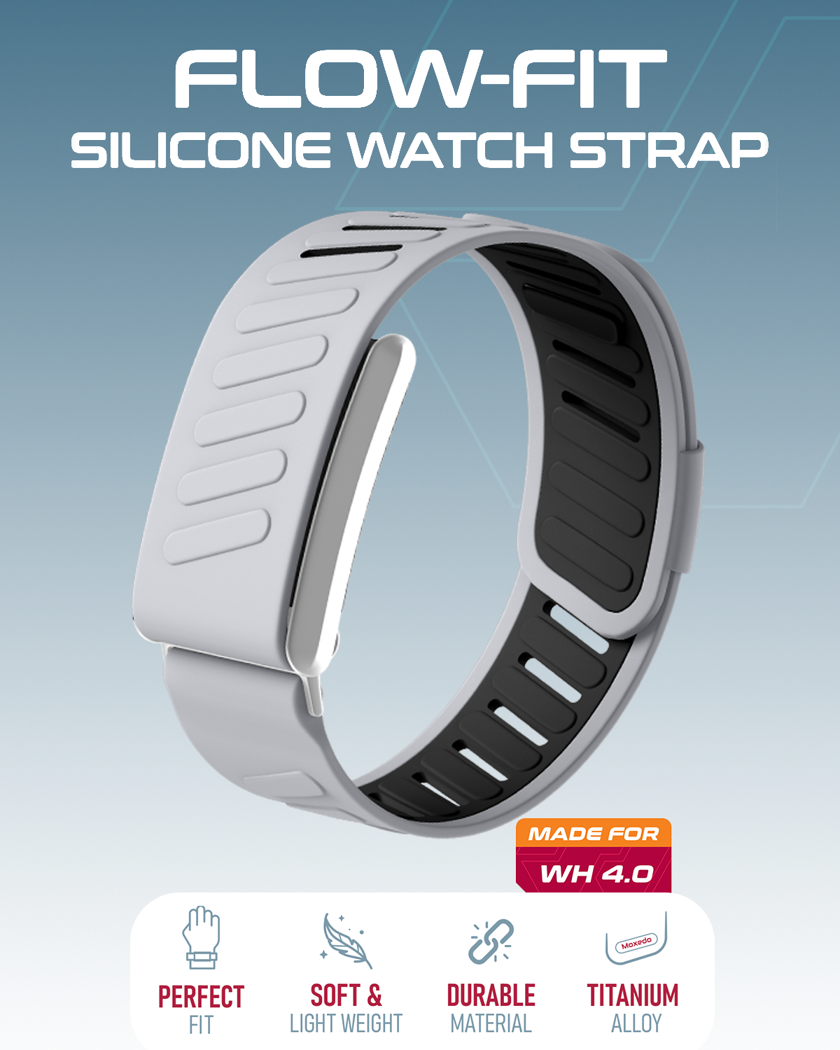 Moxedo Flow-Fit Silicone Strap Compatible with WHOOP 4.0  Adjustable Replacement Band for Men & Women Lightweight, Sweatproof, Skin-Friendly, Secure Fit, Waterproof Sports Loop -Gray/Black