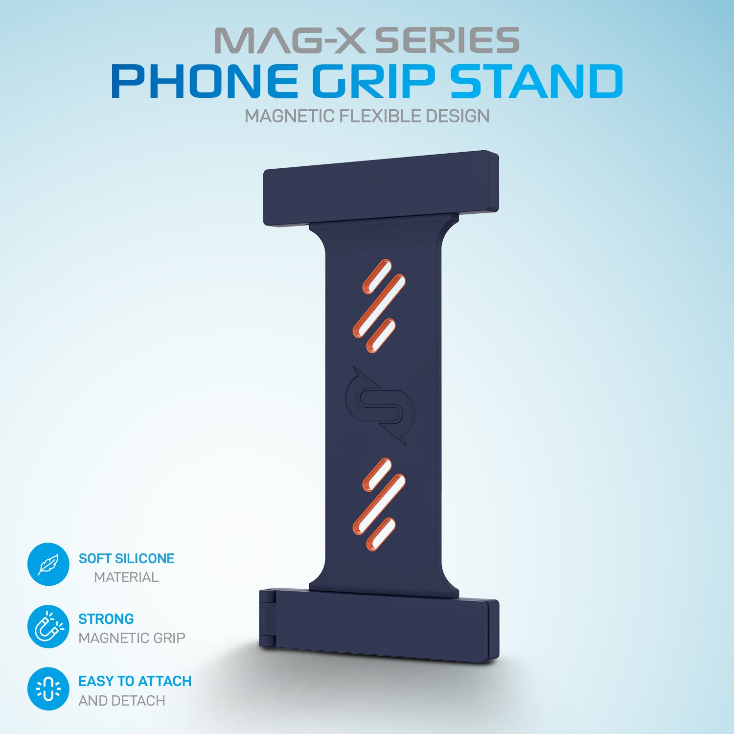 Remson Mag-X Phone Grip Strap with Magnetic Phone Kickstand - Navy Blue/Orange