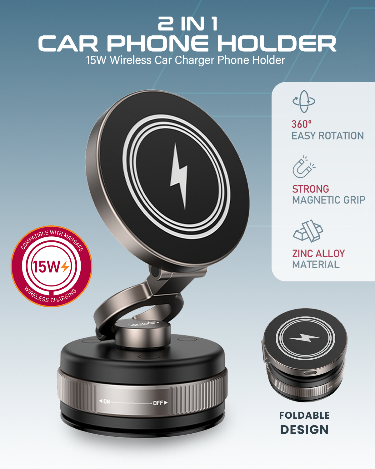 Moxedo 2 in 1 Car Phone Holder 15W Wireless Car Charger Vacuum Suction Cup Phone Holder for Dashboard / Windshield with Metal Plate Compatible for All Smartphones