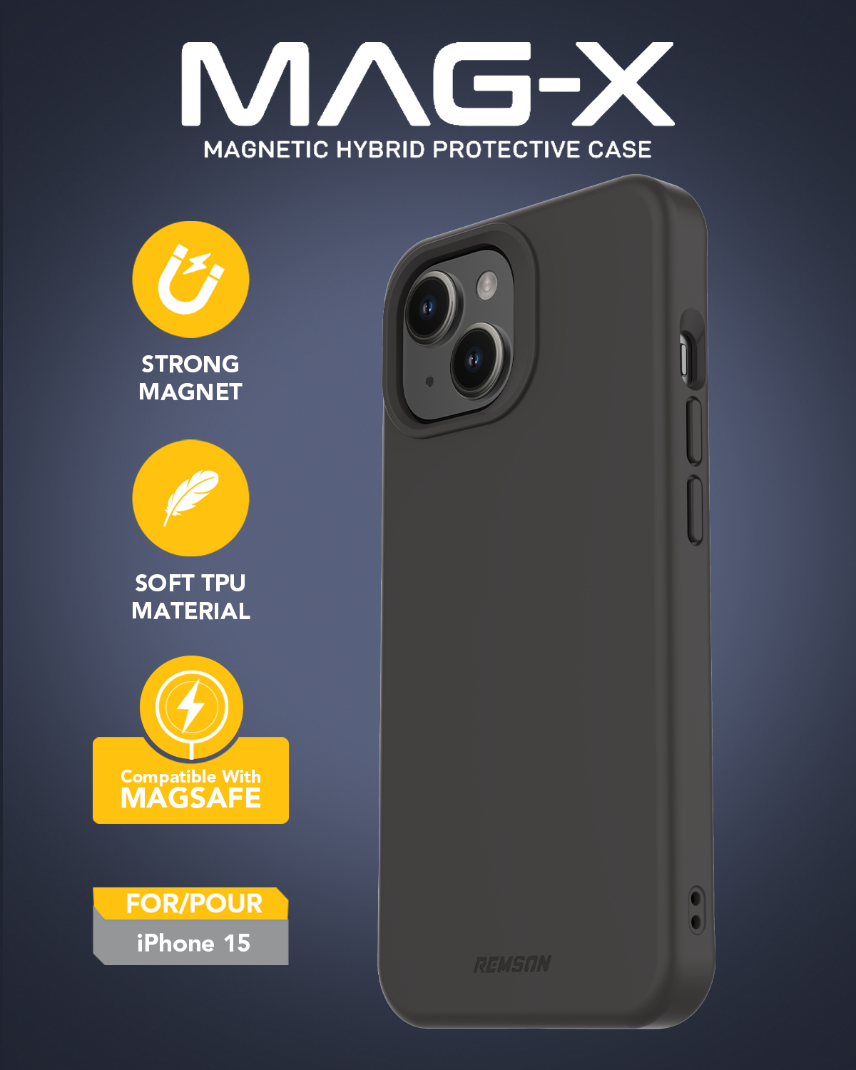 Remson Mag-X Magnetic Hybrid Protective Silicone Case Military Grade Protection Compatible for iPhone 15 6.1 inches - Black
