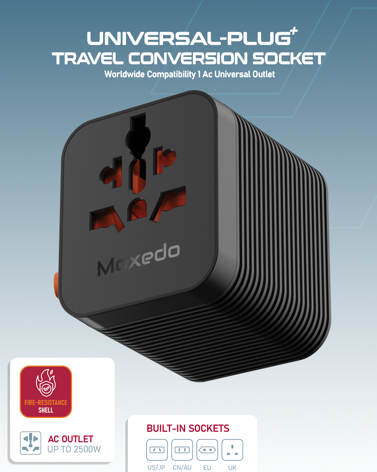 Moxedo Universal – Plug Travel Conversion Socket 2500W AC Outlet Power Socket Plug with Built-in Auto Resetting Fuse for UK, US, Japan, China, Australia, Europe
