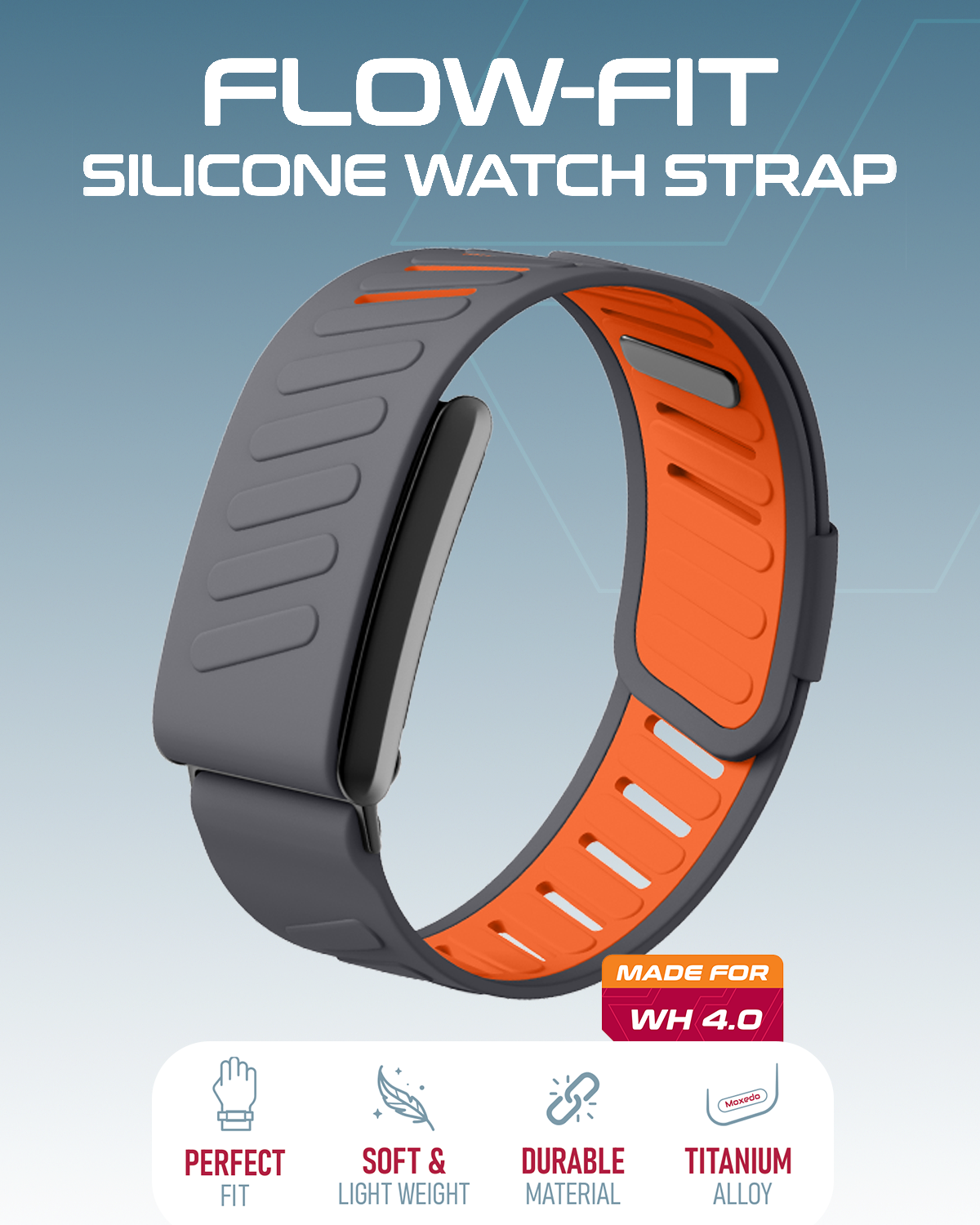 Moxedo Flow-Fit Silicone Strap Compatible with WHOOP 4.0  Adjustable Replacement Band for Men & Women Lightweight, Sweatproof, Skin-Friendly, Secure Fit, Waterproof Sports Loop - Gray/Orange