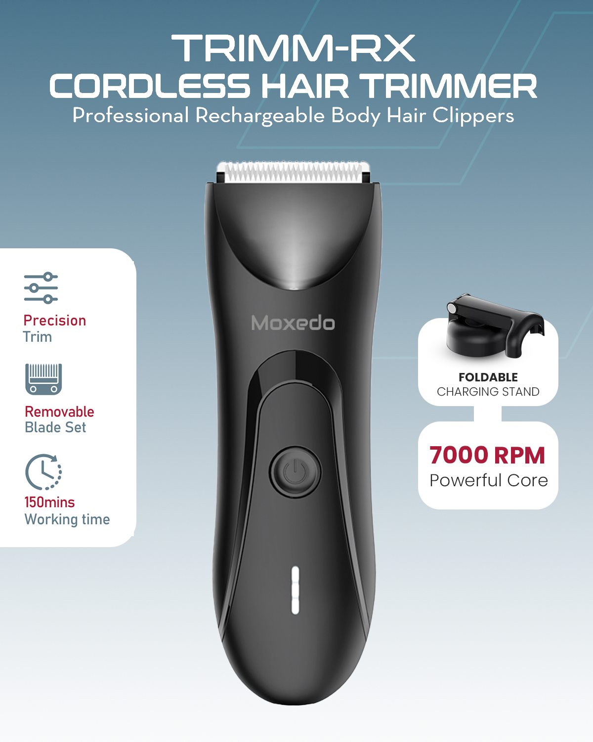 Moxedo Cordless Hair Trimmer Rechargeable Body Hair Clippers 7000 RPM Removable Blade Set Waterproof with LED Torch Light Foldable Charging Stand for Barbers and Home Use