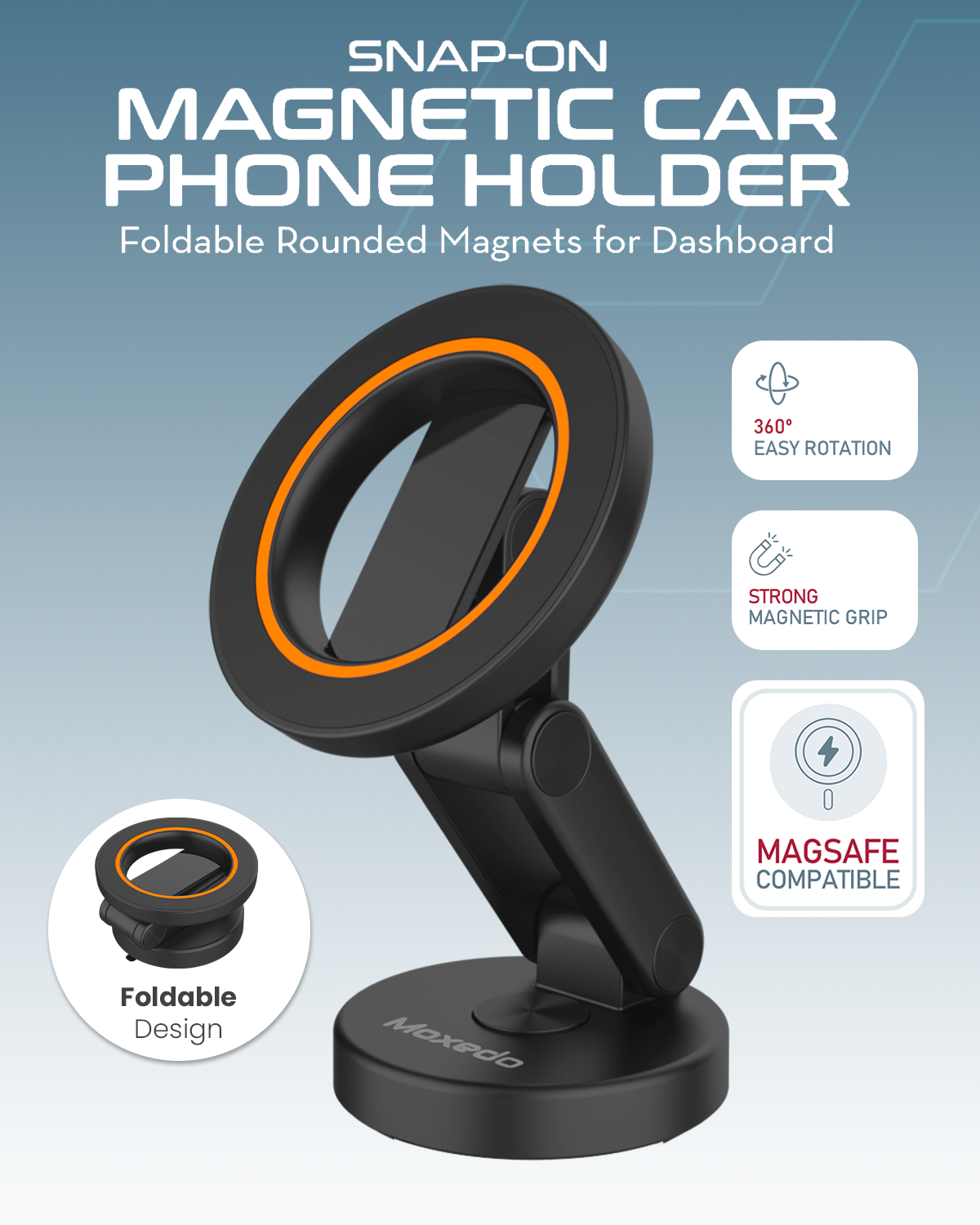 Moxedo Snap-On Magnetic Car Phone Holder Dashboard Mount for iPhone 16/15/14/13/12, Android with Extra Metal Ring MagSafe Compatible, 360° Rotating Base, Foldable Design with N52 Magnets