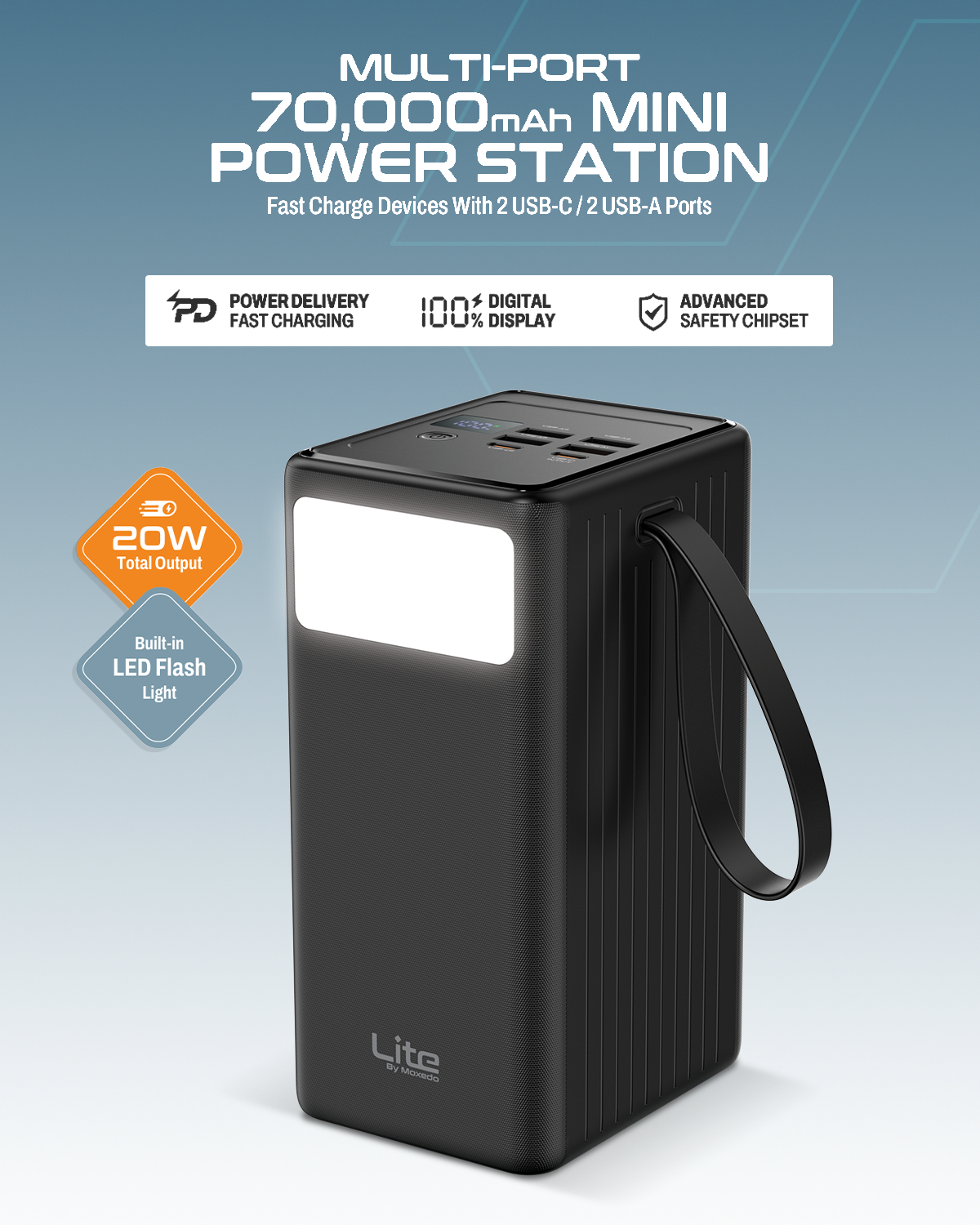 Moxedo Lite Multi-Port 70,000 mAh PD 20W Mini Power Station Fast Charging 2 USB-C / 4 USB-A Ports Portable with Built-in LED Flash Light and Lanyard