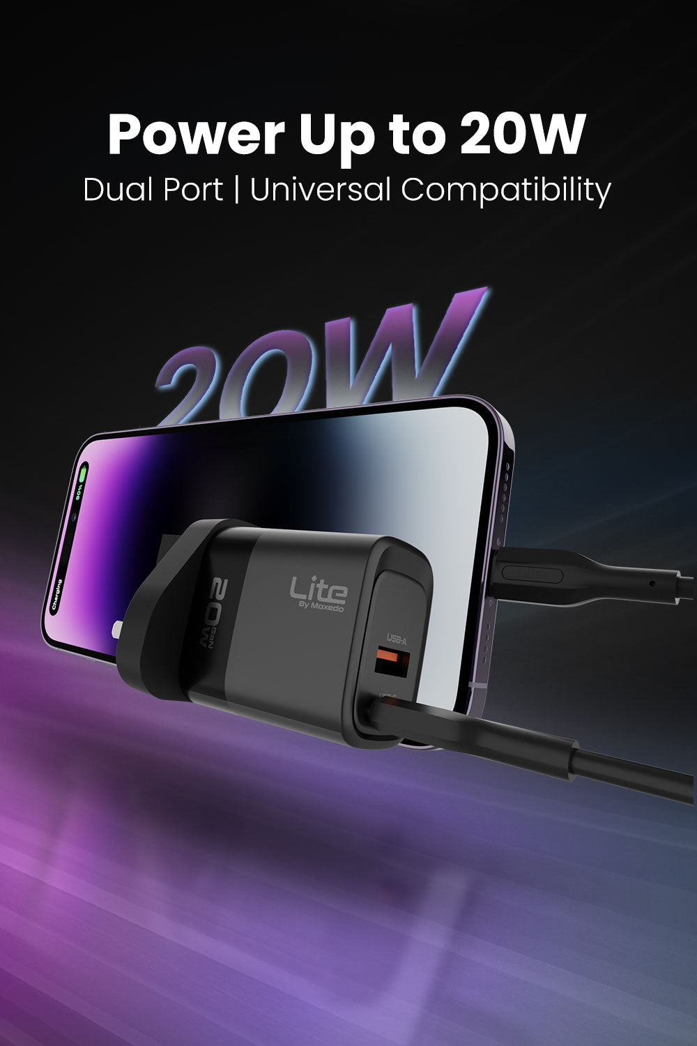 Moxedo Lite 20W GaN Charger USB-A/USB-C Ports Fast Charging PD 3.0 with USB-C to Lightning Cable 1.0 Meter Cable Compatible for iPhone 14 13 12 11 Series/XR/XS/X/8/iPad/Air Pods Series.