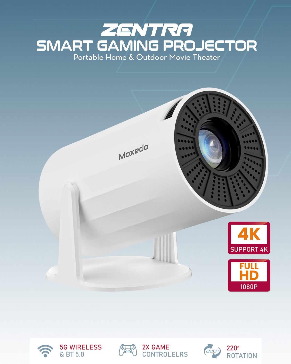Moxedo Zentra Smart Gaming Projector 4K Android 11 1080P with Auto Keystone and Dual Game Controller, +10000 Games, 200 Ansi Lumen Brightness, Auto Keystone Correction, 1GB RAM 8GB ROM, 3W Speaker, 5G WiFi, Bluetooth 5.0
