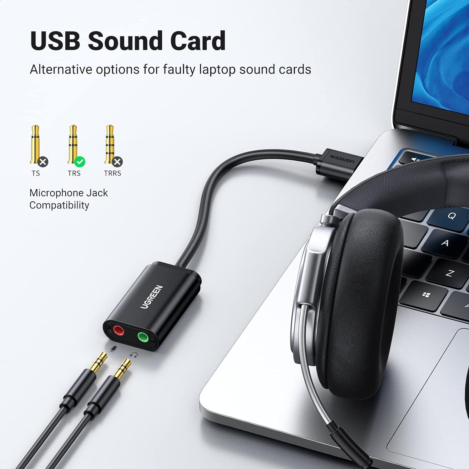 UGREEN USB Sound Card USB 2.0 to 3.5mm Jack Audio Adapter Dual Aux Stereo Headphone Microphone Splitter External DAC Dongle