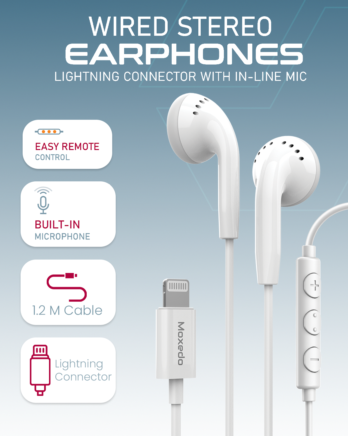 Moxedo Wired Stereo Earphones Lightning Connector Earphone with In-Line Remote, Built-in Microphone Compatible for iPhone 14/13/12/11 Pro Max/X/XS Max/XR (White)
