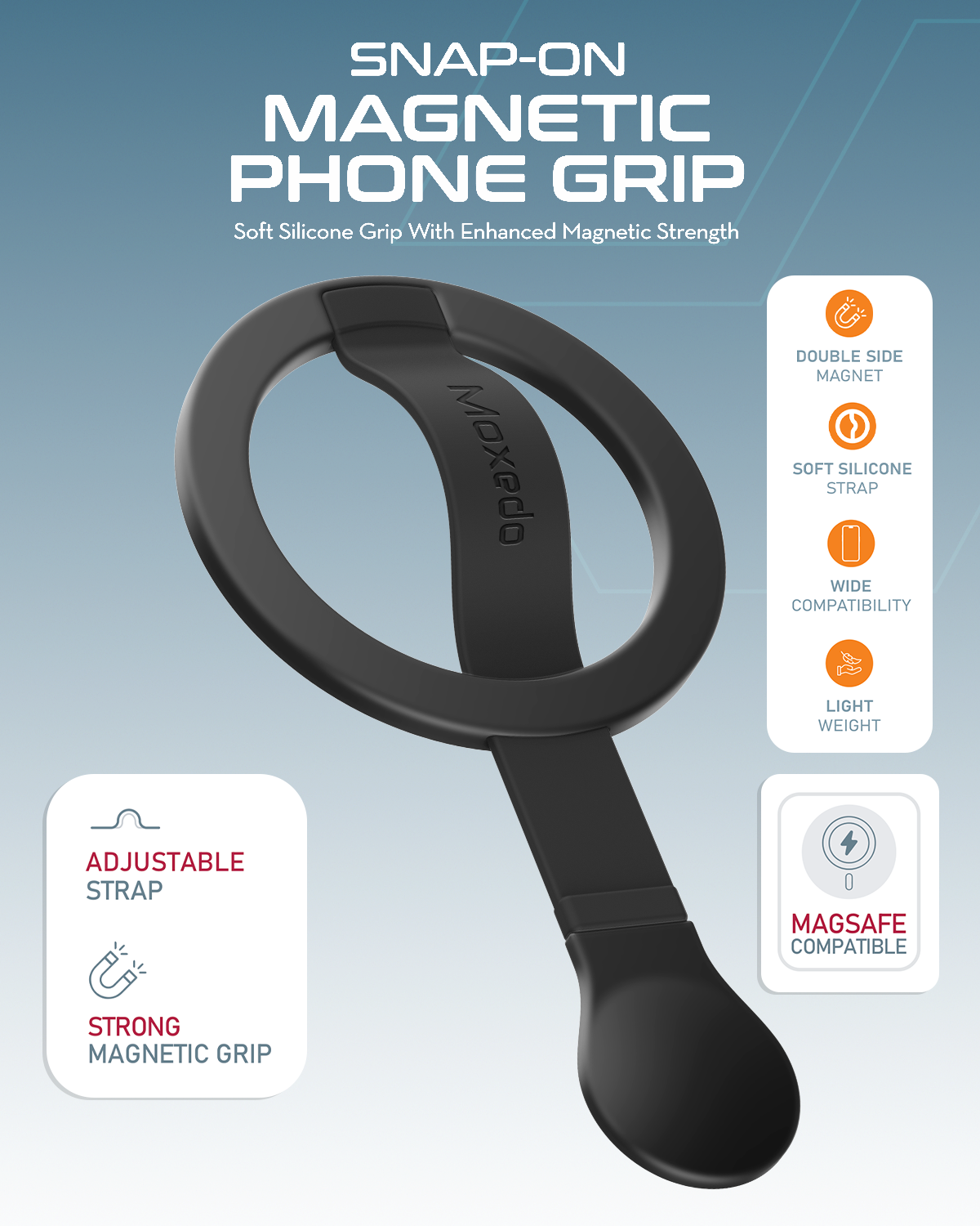 Moxedo Snap-On Magnetic Phone Grip Soft Silicone Grip Adjustable Strap with Double Sided Magnetic Design Compatible for iPhone 16 15 Pro Max Plus 14 13 12 and All Phones - Black
