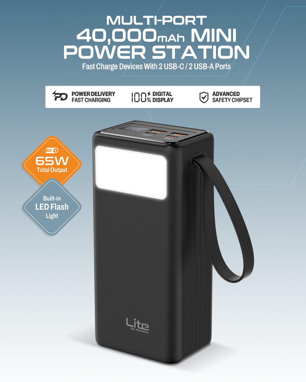 Moxedo Lite Multi-Port 40,000 mAh PD 65W Mini Power Station Fast Charging 2 USB-C / 2 USB-A Ports Portable with Built-in LED Flash Light and Lanyard