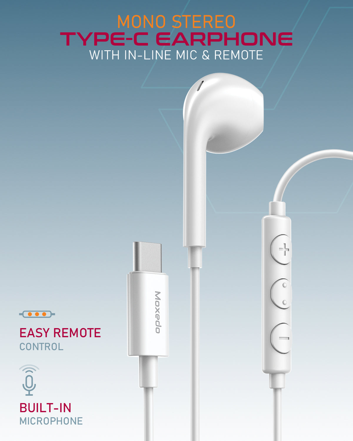 Moxedo Mono Stereo Earphone USB Type-C Connector Earphone with In-Line Remote, Built-in Microphone - White