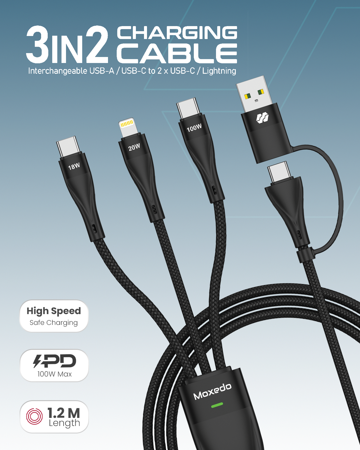 كابل شحن Moxedo 3 في 2 قابل للتبديل من USB-A/USB-C إلى 2x USB-C/Lightning PD للشحن السريع 100 وات بطول 1.2 متر (أسود) 