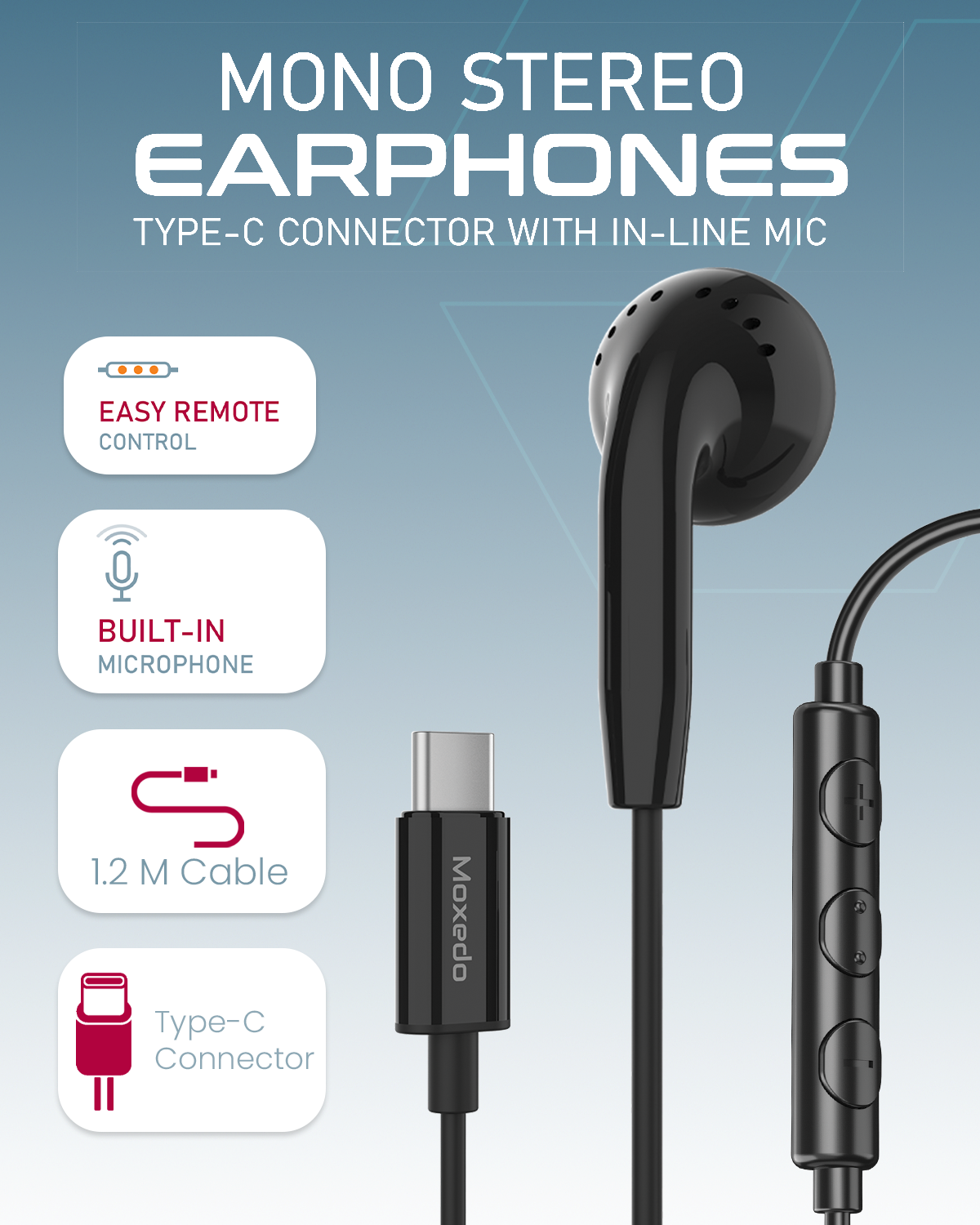 Moxedo Mono Earphones with Type-C Connector Earphone, In-Line Microphone for iPhone 16/15, iPad 2024, Samsung S24 Ultra, Smsung Tabs, Huawei (Black)
