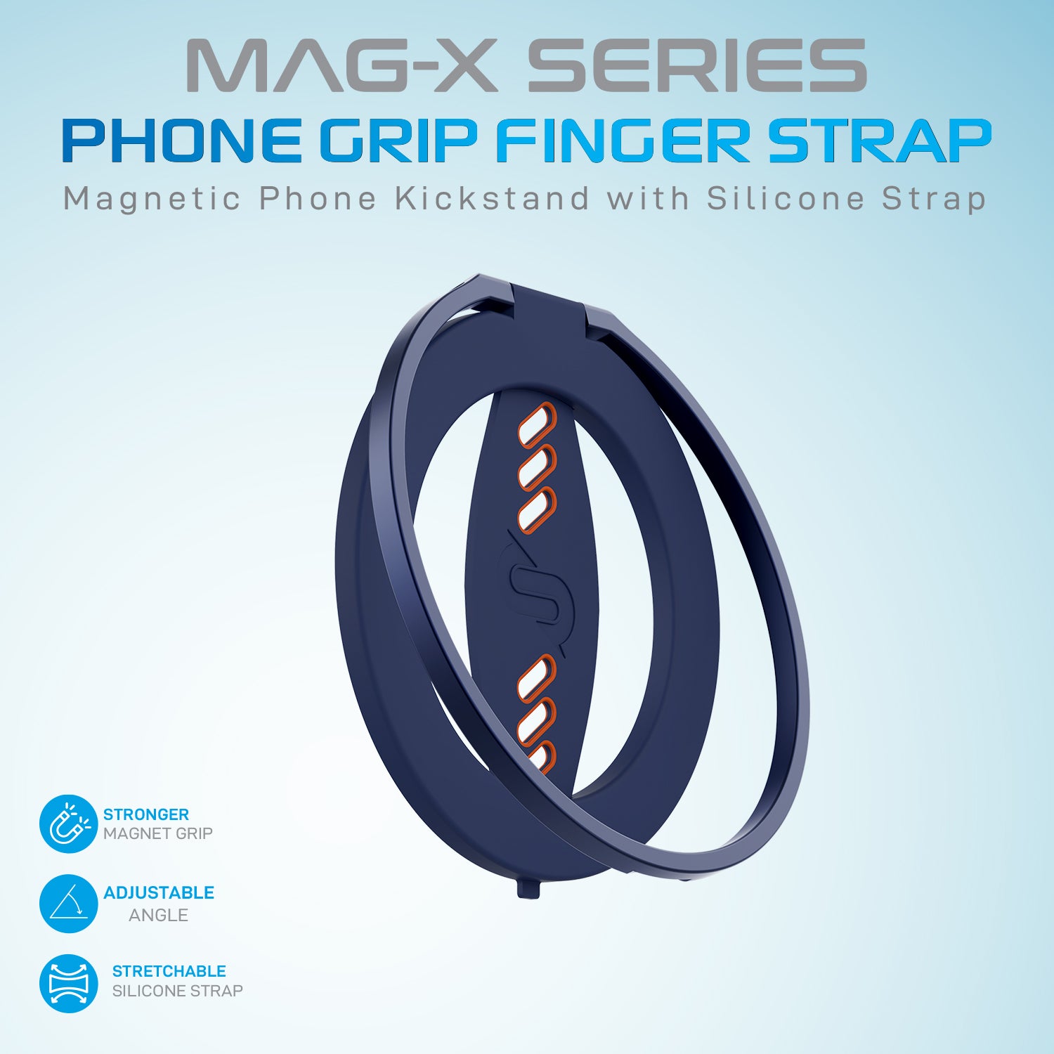 Remson Mag-X Phone Grip Finger Strap Magnetic Phone Kickstand with Silicone Strap Compatible for iPhone 14, 13 Pro/Max/Plus - Blue/Orange