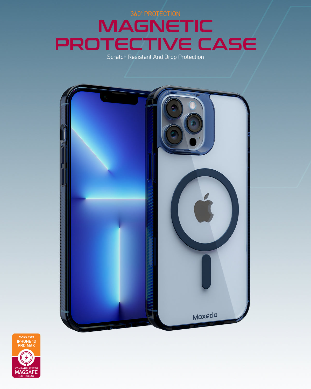 Moxedo Magnetic Protective Case 360 Protection Clear Case Hard PC with Built-in Strong Magnets iPhone 13 Pro Max 6.7 inch - Blue