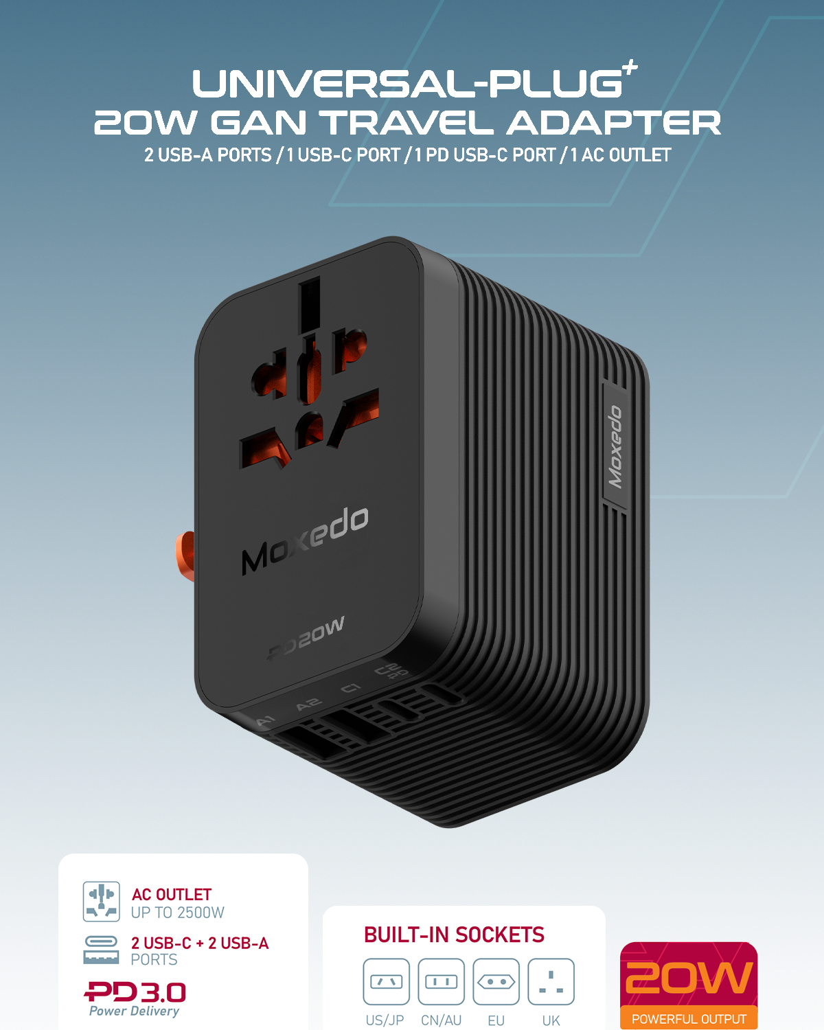 Moxedo Universal- Plug + 20W GaN Travel Adapter AC Outlet Plug Adapter Wall Charger with Ultra-Fast 2 USB-A Port/ 2 USB-C Ports PD 3.0 for UK EU US AU All Countries