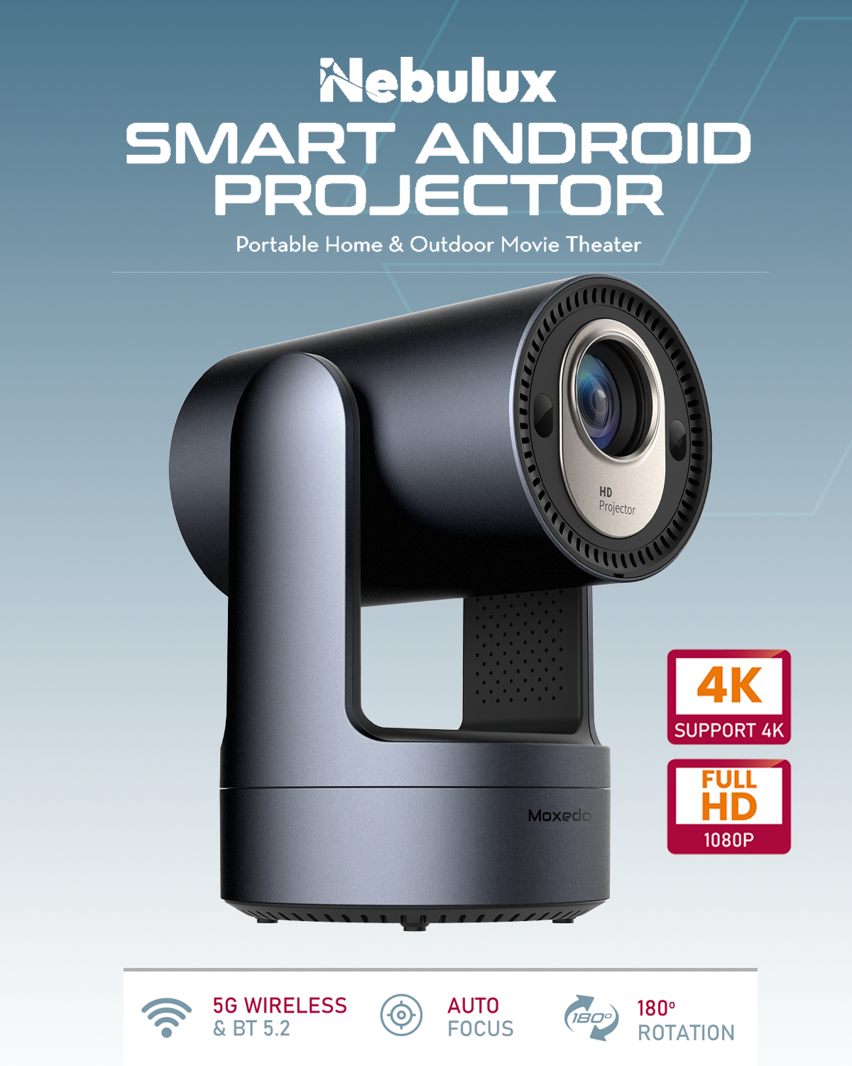 Moxedo Nebulux Smart Android Projector 4K Android OS 9.0 1080P with Auto Keystone 260 Ansi Lumen Brightness, Auto Keystone Correction with Built-in 5W Speaker, 5G WiFi, Bluetooth 5.2