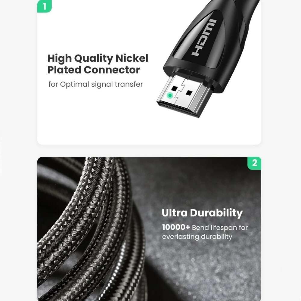 UGREEN 8K 60Hz FUHD HDMI 2.1 Male to Male Cotton-Braided Video Cable, 48Gbps High Speed Supports 3D Display 2.0m