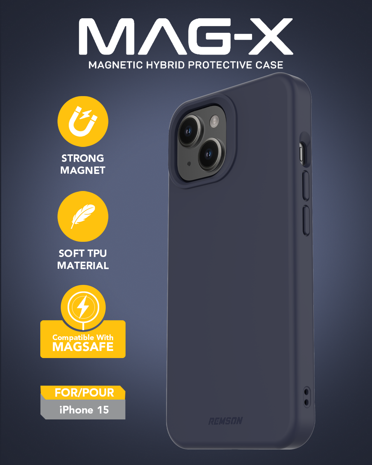 جراب Remson Mag-X المغناطيسي الهجين الواقي المصنوع من السيليكون، حماية عسكرية متوافقة مع iPhone 15 6.1 بوصة - أزرق داكن 