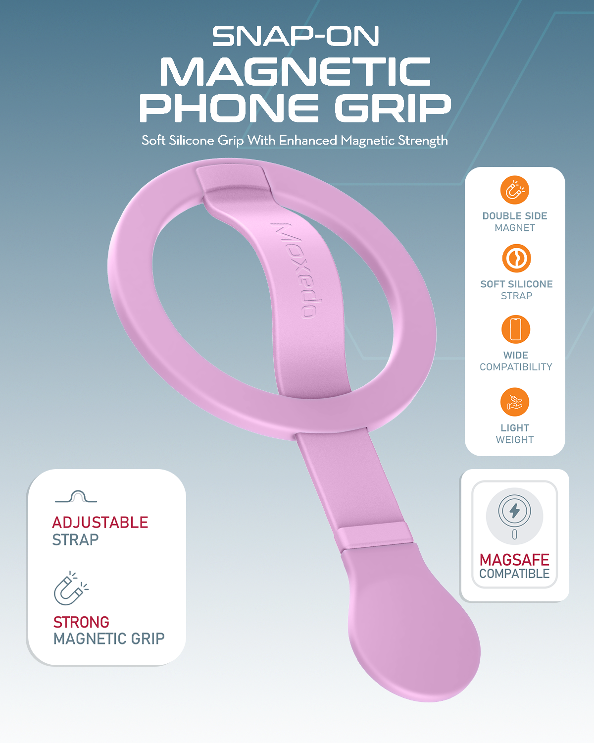 Moxedo Snap-On Magnetic Phone Grip Soft Silicone Grip Adjustable Strap with Double Sided Magnetic Design Compatible for iPhone 16 15 Pro Max Plus 14 13 12 and All Phones - Purple