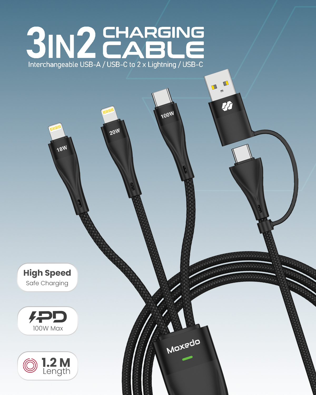 كابل شحن Moxedo 3 في 2 قابل للتبديل USB-A/USB-C إلى L (2x) / USB-C PD شحن سريع 100 وات كابل مضفر بطول 1.2 متر (أسود) 