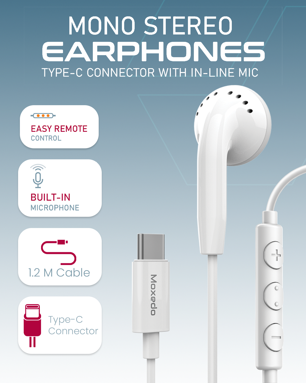 Moxedo Mono Earphone Type-C Connector Earphone with In-Line Microphone for iPhone 16/15, Samsung Galaxy s24 Ultra/S21 Ultra/ S20 FE, Note 20/10, iPad Pro 2018/Mac Book (White)