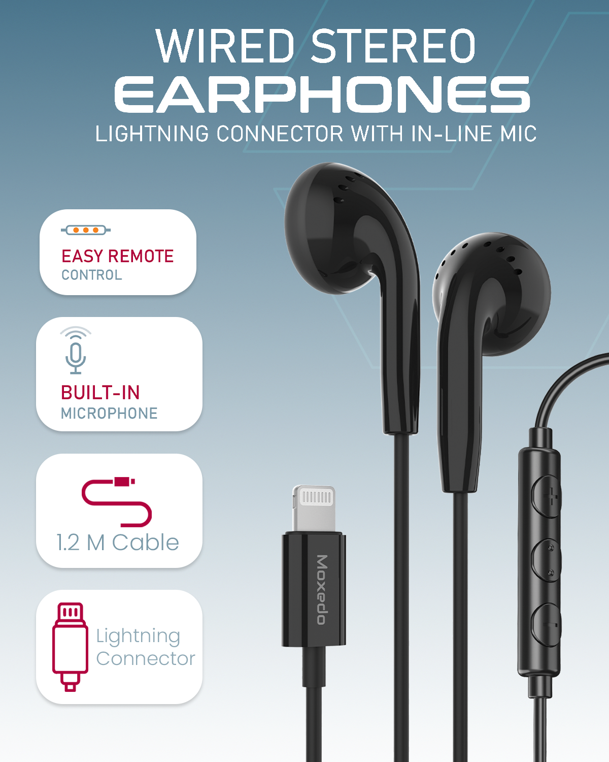 Moxedo Wired Stereo Earphones Lightning Connector Earphone with  In-Line Remote, Built-in Microphone Compatible for iPhone 14/13/12/11 Pro Max/X/XS Max/XR (Black)