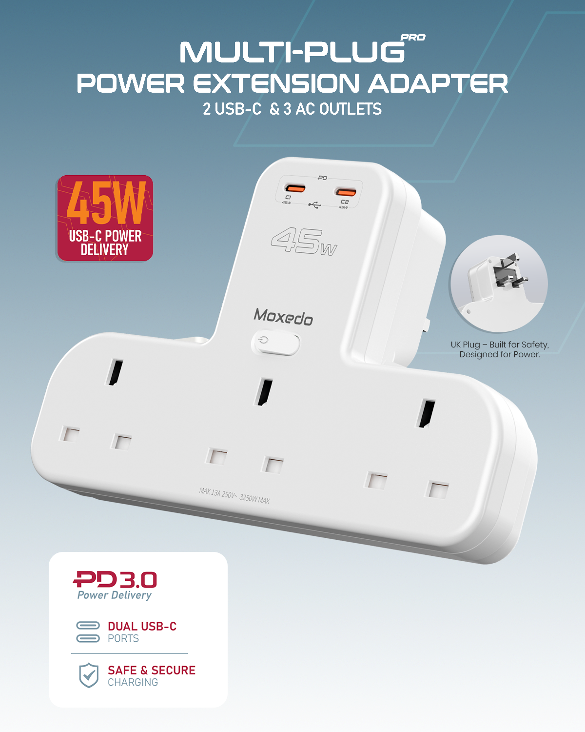Moxedo Multi-Plug Pro Power Extension Adapter with Switch – 45W PD 3.0 Fast Charging, 3 AC Outlets, 2 USB-C Charging Ports – for Home, Office, Kitchen, School