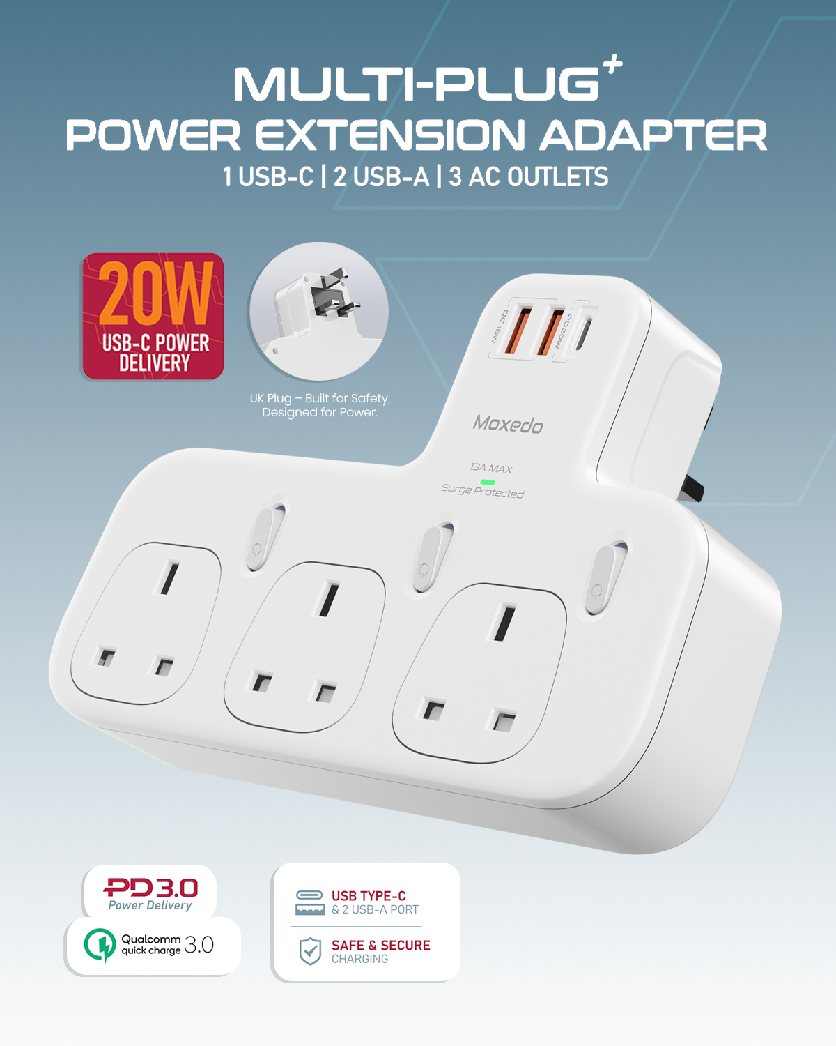 Moxedo Multi-Plug+ Power Extension Adapter with Independent Switch 20W USB-C PD QC 3.0 Multiple Wall Charger Electrical Power Extender with 1 USB-C /2 USB-A/ 3 AC Outlet for Home, Office, Kitchen & School